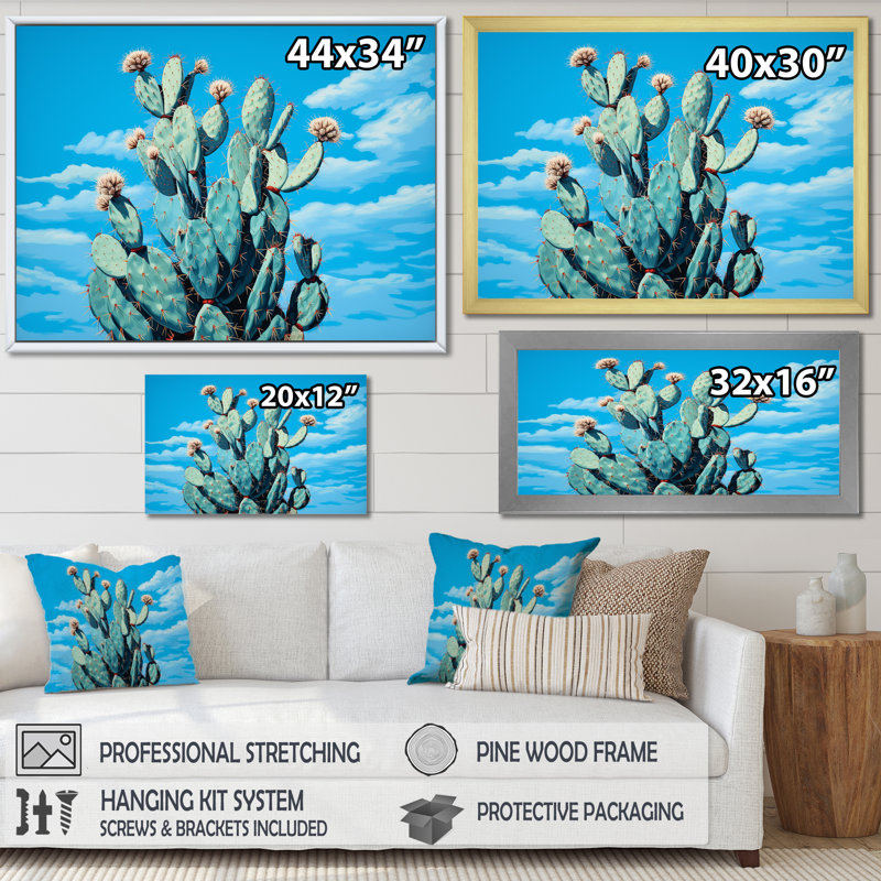 Cactus bleu brillant - Cactus, art mural sur toile, H 34 po x l 44 po x P 1,5 po, Toile tendue