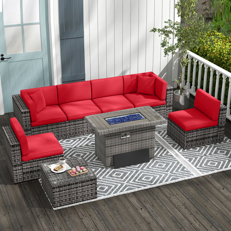 6 - Person Outdoor Seating Group with 44 Inch Fireplace Table, Patio Sectional Sofa Set , Gray, Red