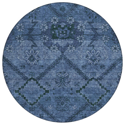 HomeRoots 8' Navy Blue And Denim Blue Round Floral Washable Indoor Outdoor Area Rug