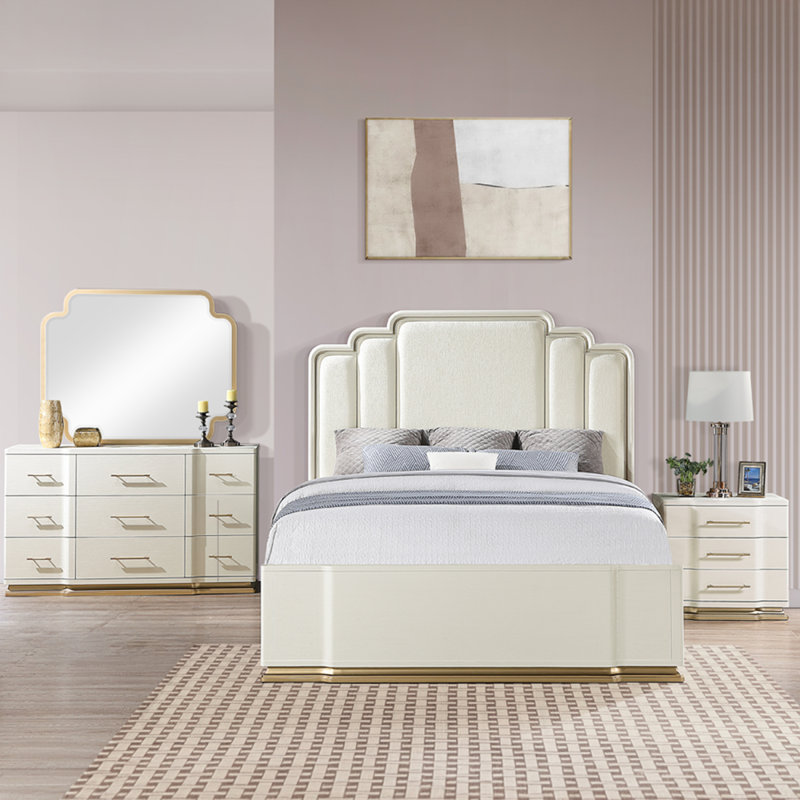 Ensemble de chambre avec grand lit 4 pièces Lexington en beige avec lit tapissier, commode, miroir et table de chevet