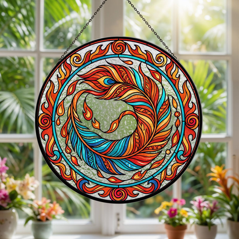 Vitrail Phoenix Flame, H 7,8 po