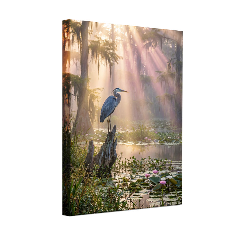 Animaux Rayons de soleil à travers les arbres Nénuphars héron, H 18 po x l 12 po