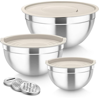 Stainless Steel Mixing Bowls Set with 3 Grater Attachments, Nesting Airtight Bowls 4.6/3/1.5 QT