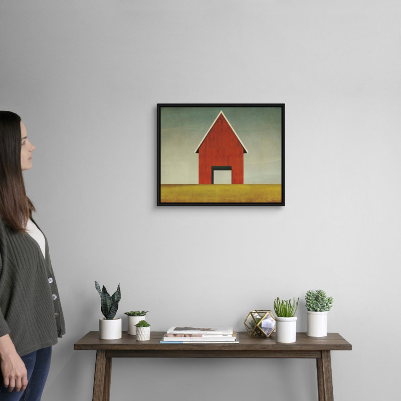 "Red Barn Summer" par Ryan Fowler-impression d’art graphique sur toile, Cadre flottant noir, H 18 po x l 22 po x P 1,75 po