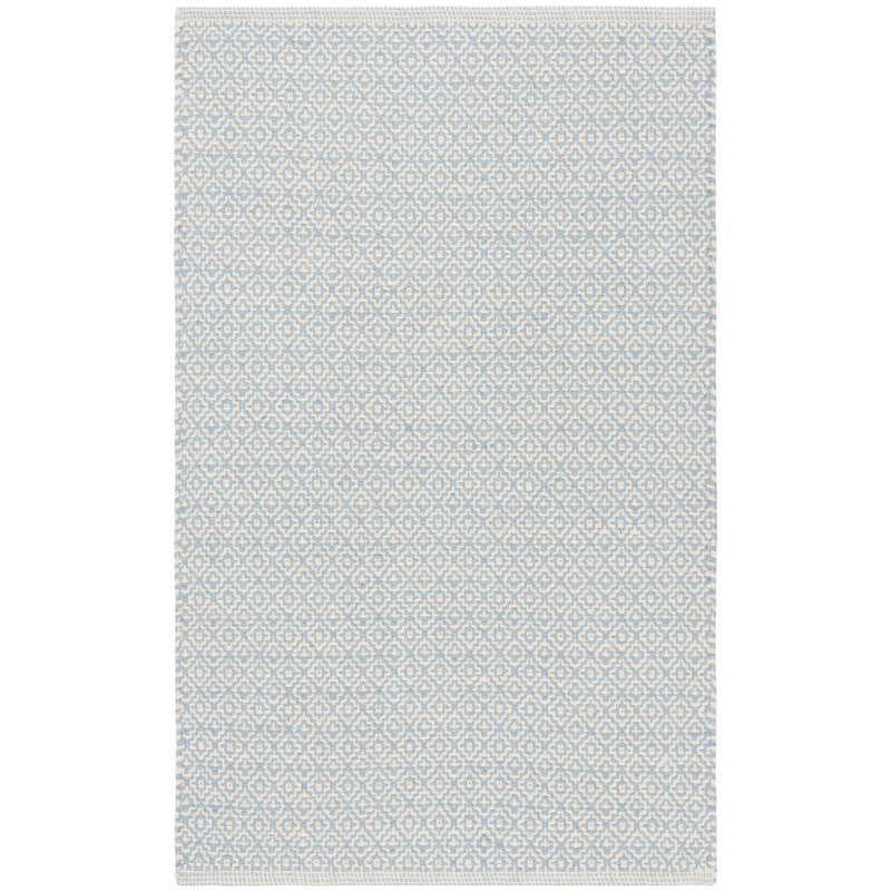Tapis ivoire / bleu clair en coton tissé à plat à la main Bester, Rectangle 2 pi 6 po x 4 pi