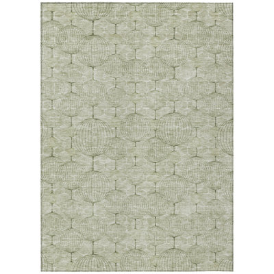 Tapis intérieur / extérieur 10 pi x 14 pi vert et ivoire à motif géométrique lavable