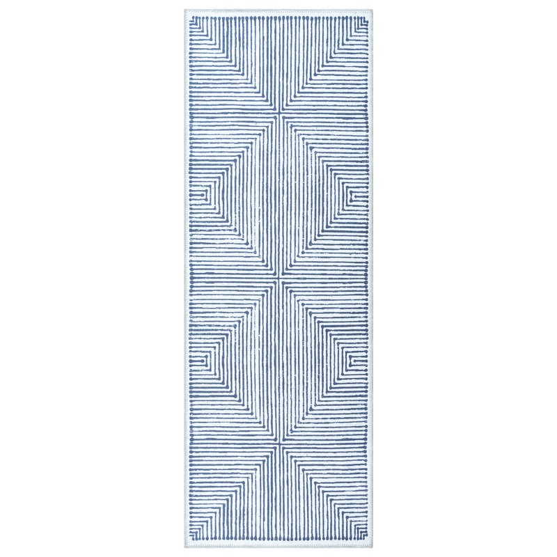  Washable Non-Slip Rug - Blue / Ivory Striped Area Rug for Living Room, Bedroom, Dining Room, and Kitchen, Runner 2'6" x 12'