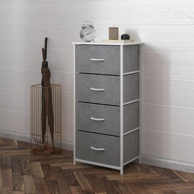 Commode de rangement verticale à 4 tiroirs Melisaa avec structure en fonte, plateau en bois et tiroirs en tissu