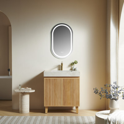 Meuble-lavabo Lula 30, sur pied, comptoir en pierre frittée couleur crème veinée or et lavabo en céramique avec 1 trou pré-percé pour robinetterie, démonté, sans robinetterie ni bonde, couleur bois naturel