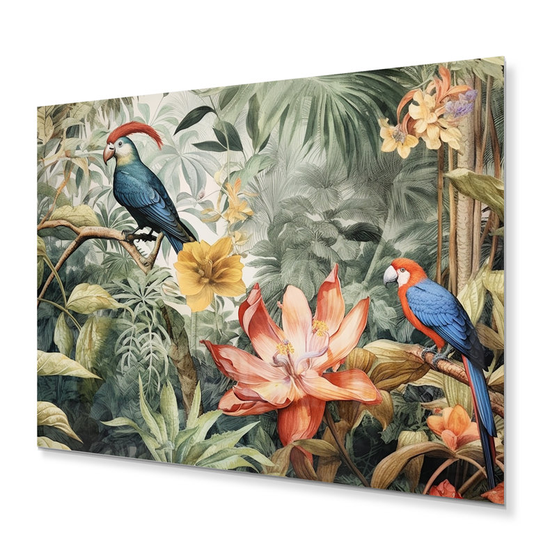Perroquet au paradis II - décoration murale en métal, H 34 po x l 44 po