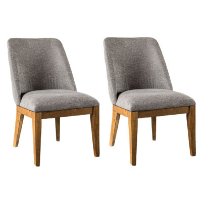 Ramie Side Dining Chair Set Of 2, Wingback, Chestnut Wood, Gray Fabric