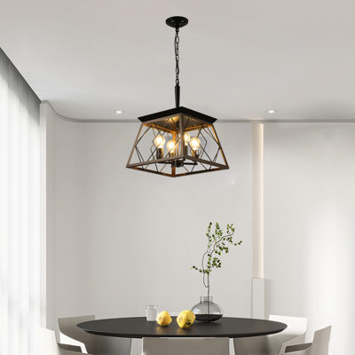 Durable Modern 4-light Walnut Metal Cage Chandelier, Adjustable For Dining Room And Kitchen