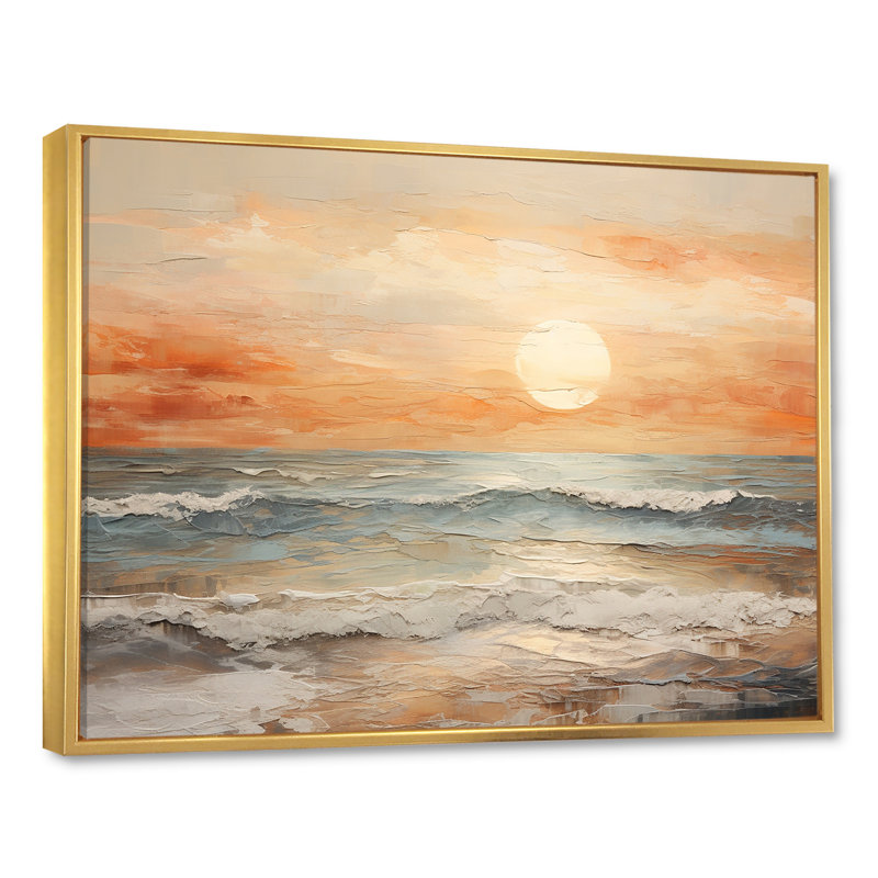 Art sur toile, coucher de soleil sur la plage, H 16 po x l 32 po x P 1 po, Cadre flottant doré