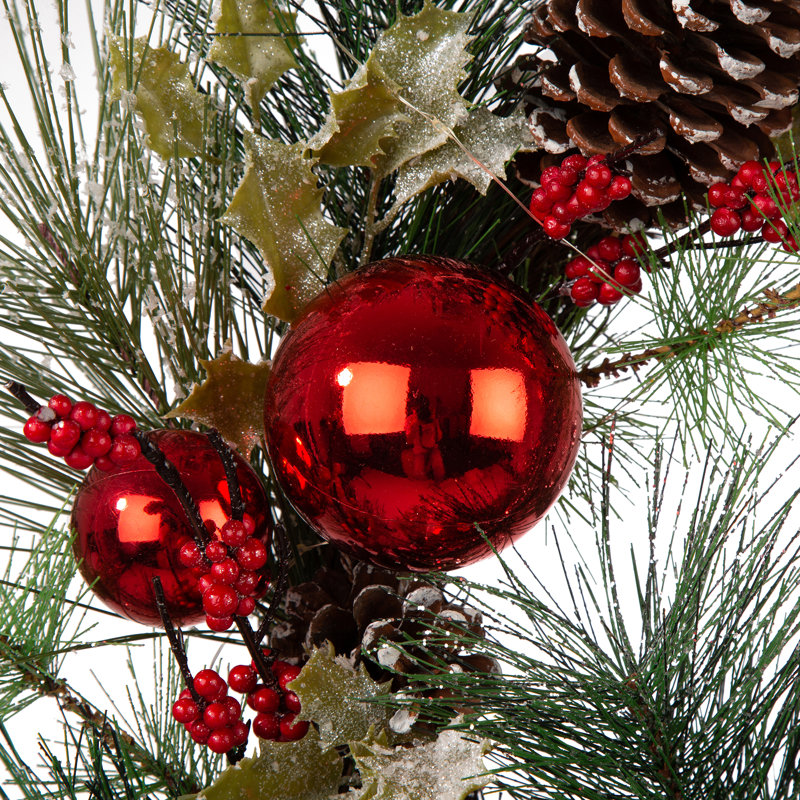 24"D Christmas Lit Frosted Ball Berry Holly Pine Pinecone Wreath With Lights