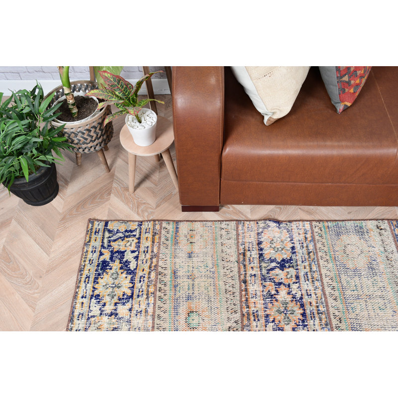 Handmade Blue And Beige Floral Pattern Turkish Area Rug For Bohemian Decor On Your Floor