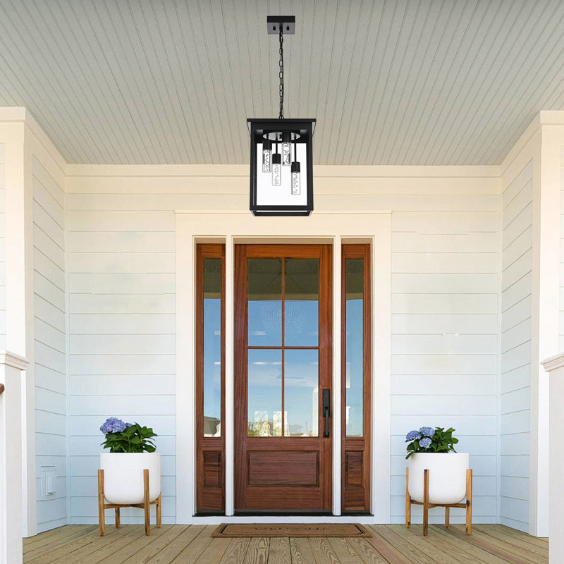LED Black Outdoor Pendant Light 4-Light Large Outside Pendant Porch Lights Ceiling Haninging Outdoor Chandelier With Clear Glass Exterior Light Fixtures Lantern For Front Door Foyer Doorway