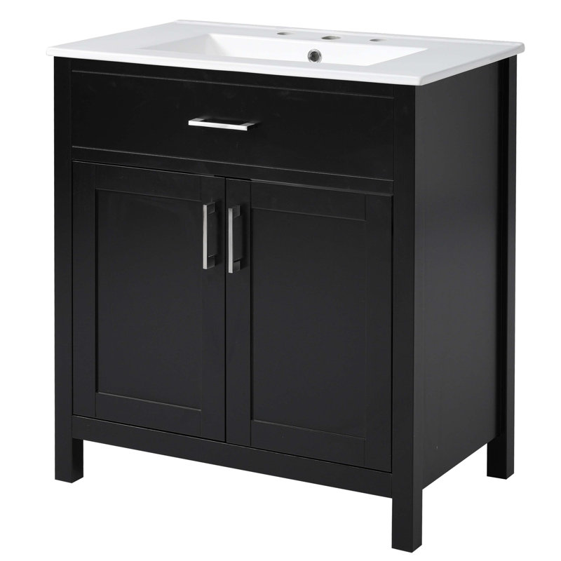 Meuble-lavabo de 30 pouces avec lavabo en céramique et beaucoup de rangement, Noir, noir, noir, noir
