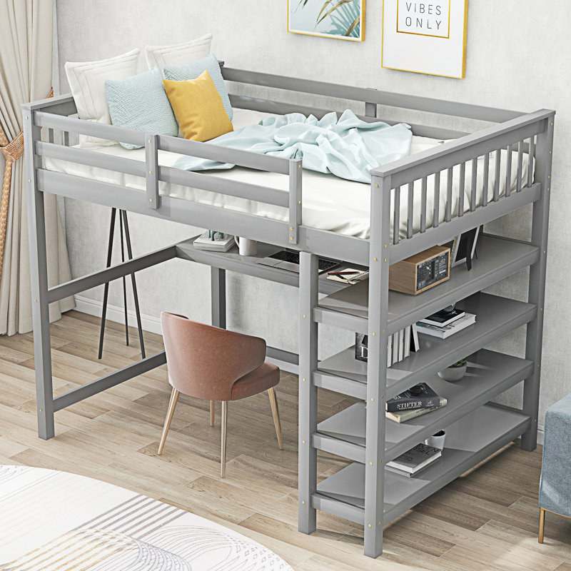 Lit mezzanine double avec tablettes de rangement et bureau sous le lit, Lit double, gris