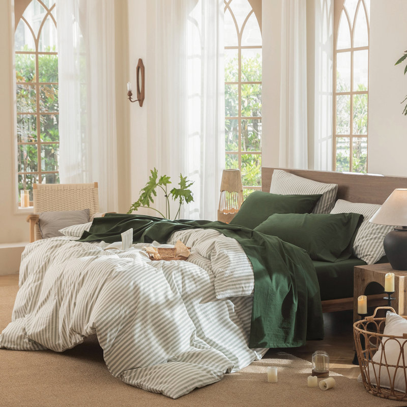 100% Washed Cotton Sheet Set Extra Deep Pocket Linen Like Textured, King Sheet Set with 2 Pillowcases, Forest Green