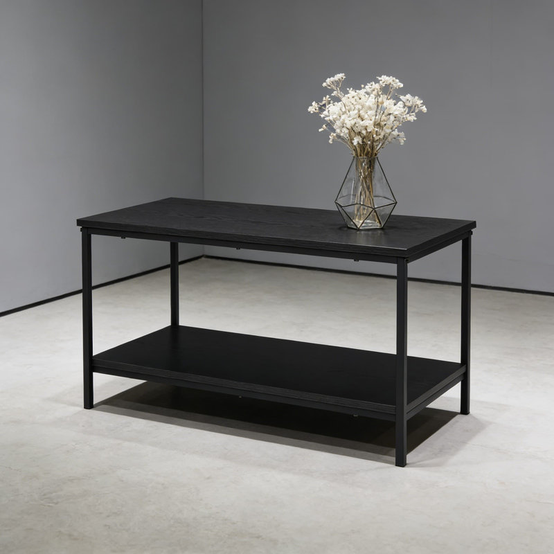 Table basse moderne moderne avec tablette inférieure, table de salon à deux niveaux, construction en bois durable avec pieds en métal
