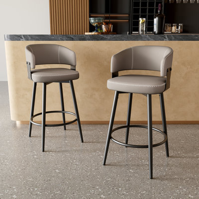 Bar Stools Set of 2, 30" Swivel Bar Height Bar Stools with Curved Back, Mid-Century Modern Faux Leather Bar Chairs with Stitching for Home Bar and Pub Table