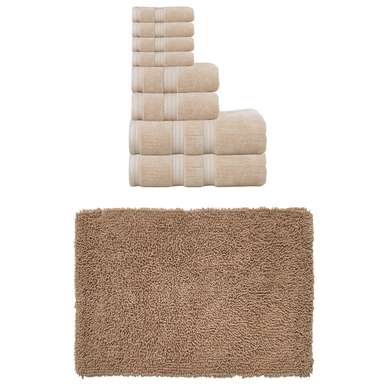 Bruno Collection 100% Soft Cotton Bath Towel Set & Bath Rug, Linen, 9 Piece Towel Set