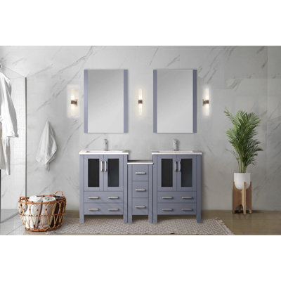 60 po Grand meuble-lavabo double gris foncé avec armoire latérale, comptoir en céramique blanche, 22 miroirs et comptoir long avec miroirs en W, rangement pratique à fermeture en douceur