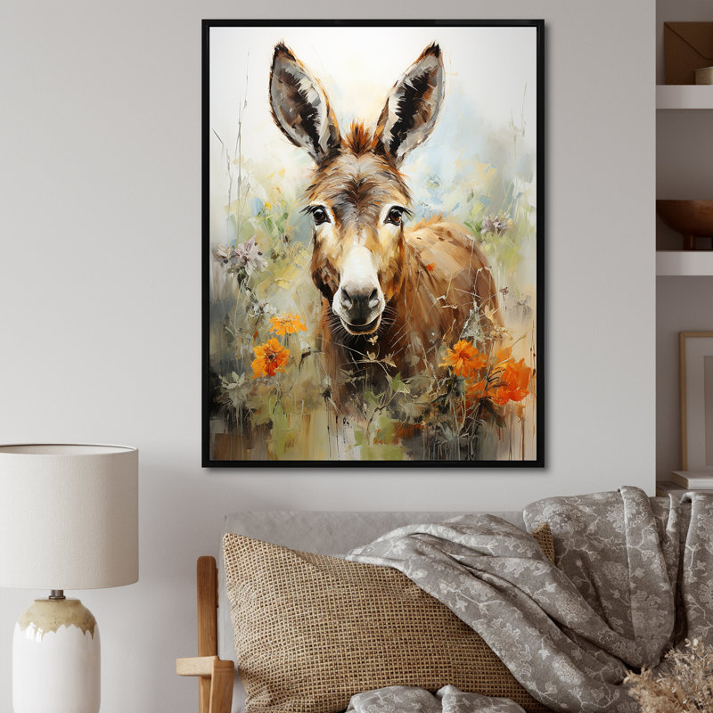 Donkey Flower Meadow - âne, art mural, H 20 po x l 12 po x P 1 po, Cadre flottant noir