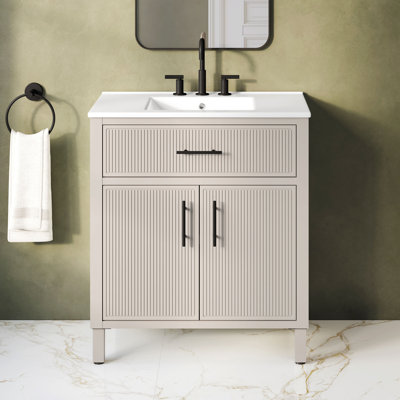Carissa 30 in. Single Sink Freestanding Bathroom Vanity in Creamy White, White Ceramic Top, Matte Black Hardware