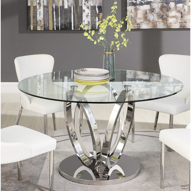 Husha Contemporary Glass Top Dining Table w/ 3-Ring Base