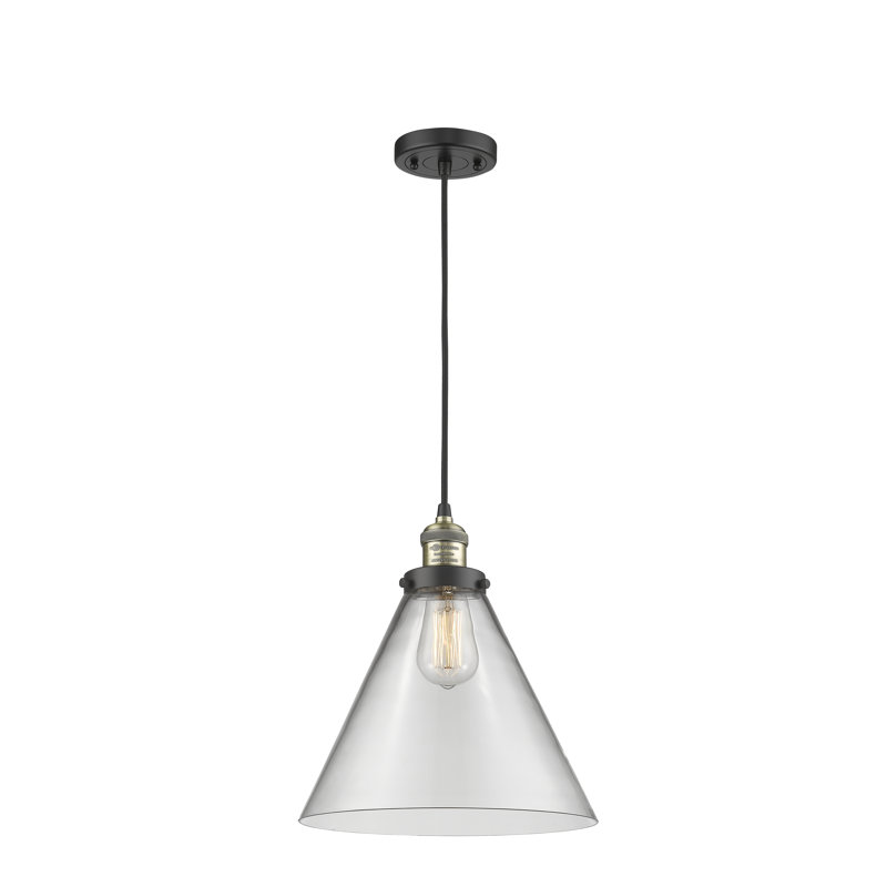 Luminaire suspendu 1 lumière à cône simple Pompa, Transparent, Laiton antique noir, H 14,13 po x l 12 po x P 12 po