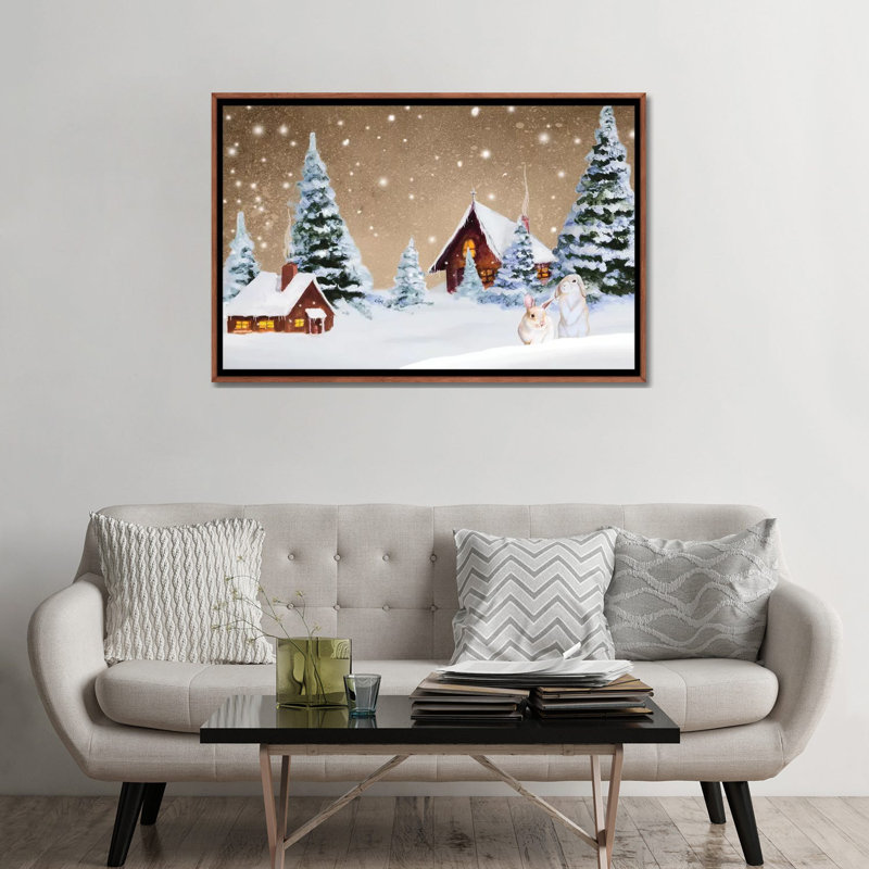 « Christmas village » par Janice Gaynor-impression, Pas de tapis, Toile avec cadre en bois brun classique