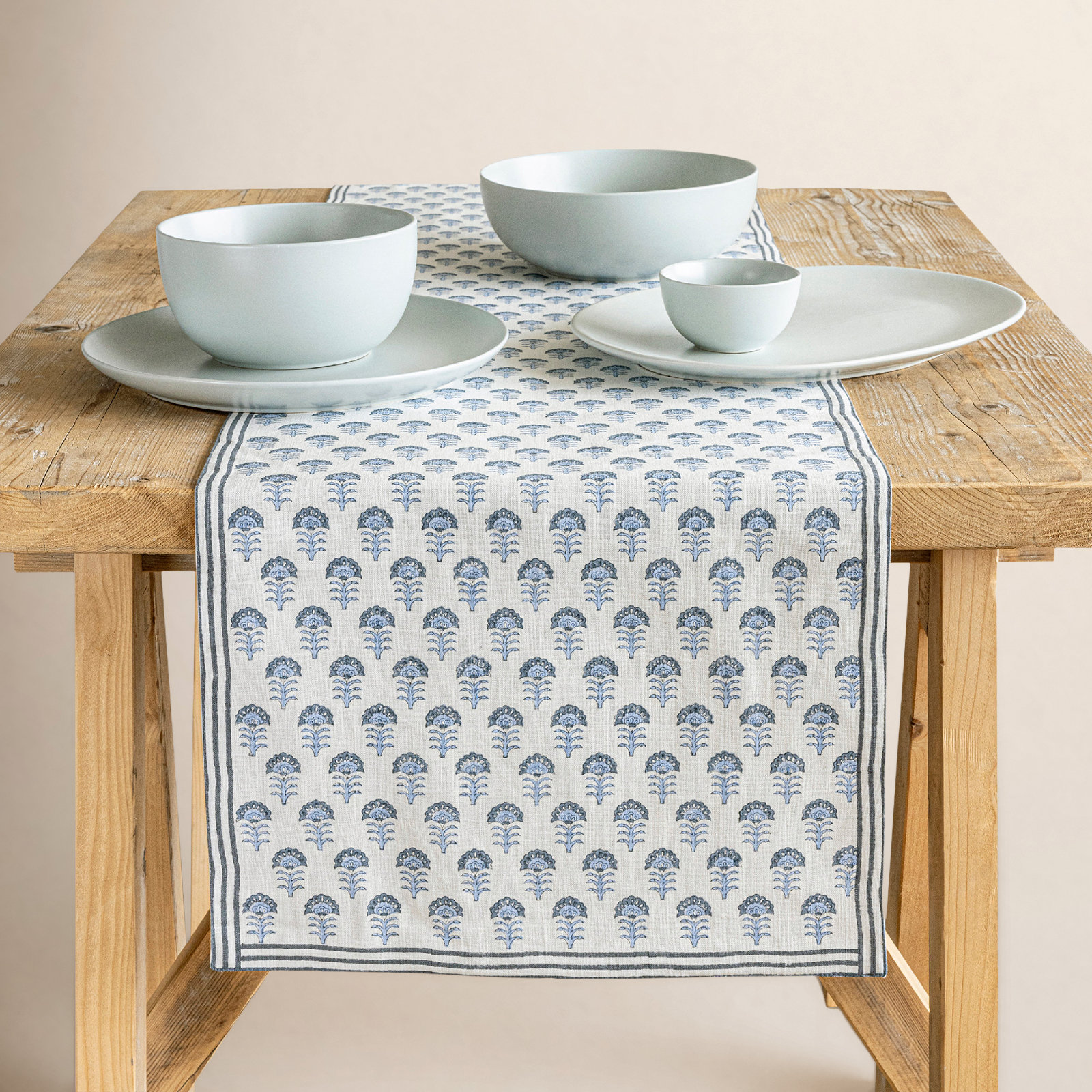 over&back Hand-Blocked Table Runner, 18" W x 90" L, Blue Flower