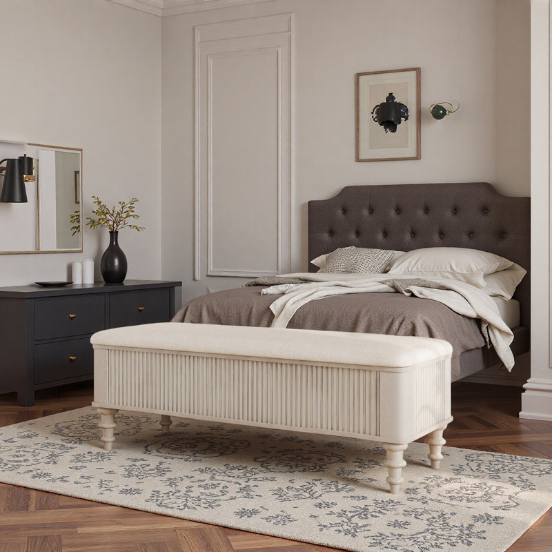 Banc de rangement avec repose-pieds en bois d'hévéa massif avec siège en lin Sturdy Minimalist, Beige