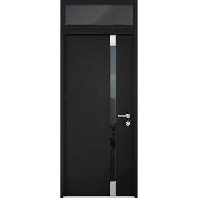 Front Exterior Prehung Steel Door / Cynex 6777 Black / Top Exterior Window / Stainless Inserts Single Modern Painted-W32" x H80+16"-Left-hand Outswing