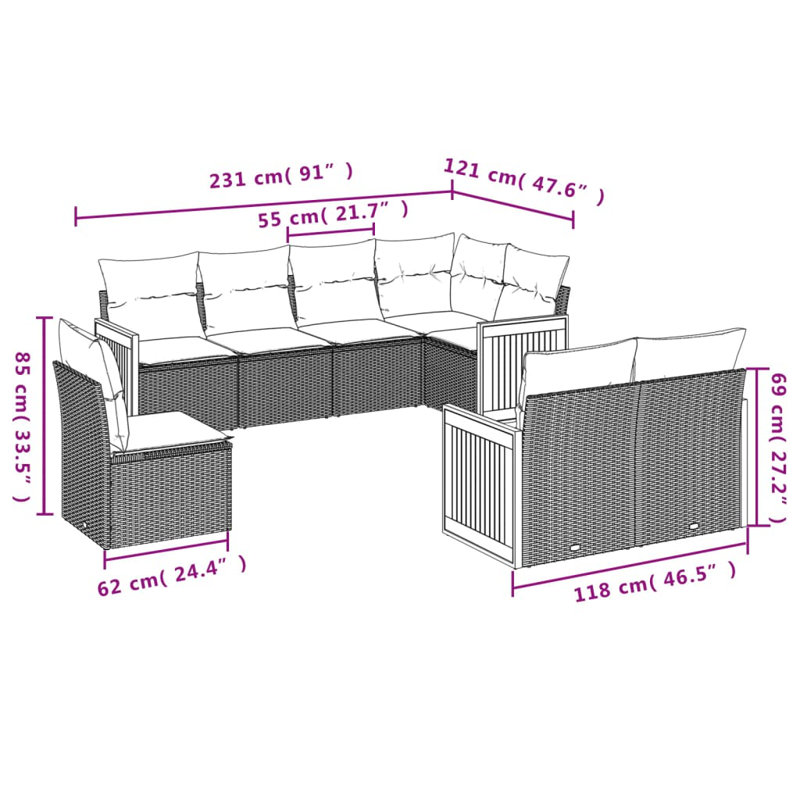Ensemble de canapé de jardin Vidaxl PE rotin gris, acier thermolaqué grand modulaire