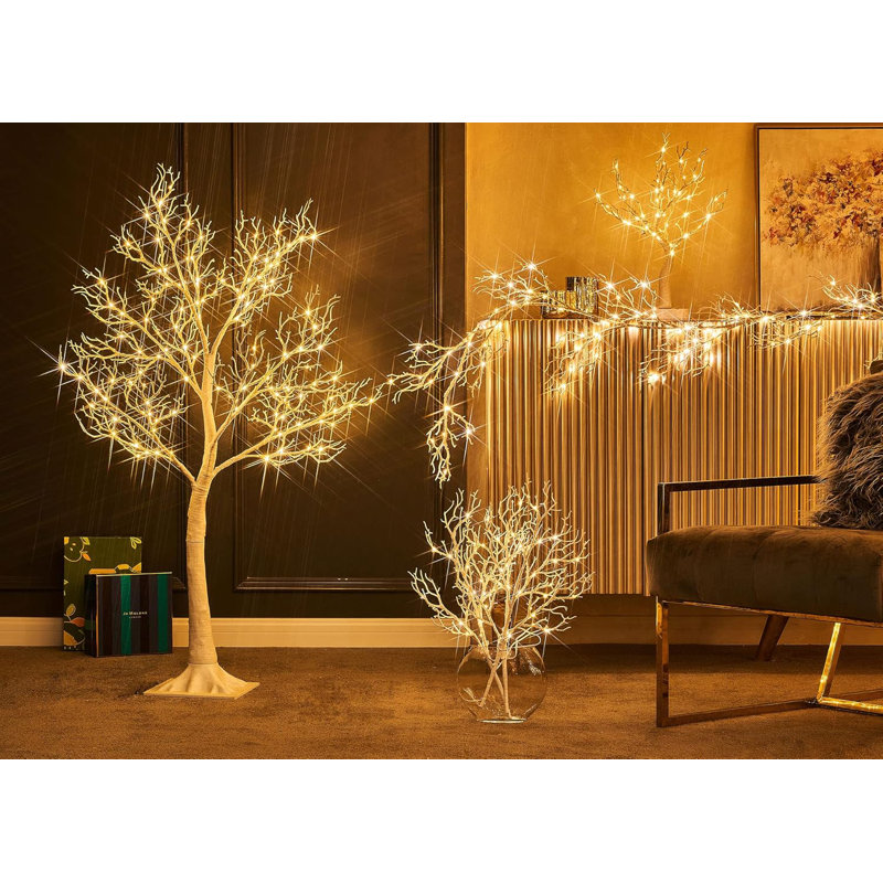 Arbre blanc avec lumières branchées 4 pi 150 lumières de fée, brindilles de corail éclairées pour la décoration de Noël intérieure et extérieure