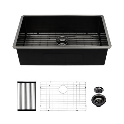 Évier encastré en acier inoxydable 33 po x 19 po x 10 po - noir mat, simple cuve, rouille et teint T304, épaisseur 16 jauges, facile à désinfecter avec Nano, coins R10 pour l'entretien de l'hygiène et de la propreté T304, essuyer