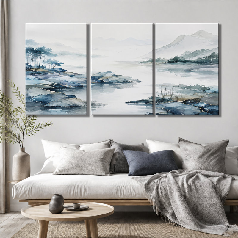 3 panneaux d'art mural, impression sur toile Misty Mountain Lake, 12 * 18 pouces * 3