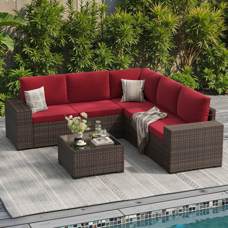 Ensemble de canapé modulaire d'extérieur 6 pièces avec accoudoirs larges, Rouge