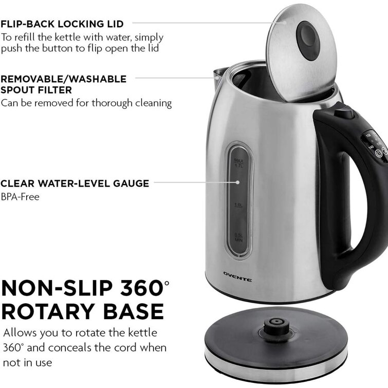 Ovente Electric Kettle Stainless Steel Removable Filter Water Gauge (7-Cup)