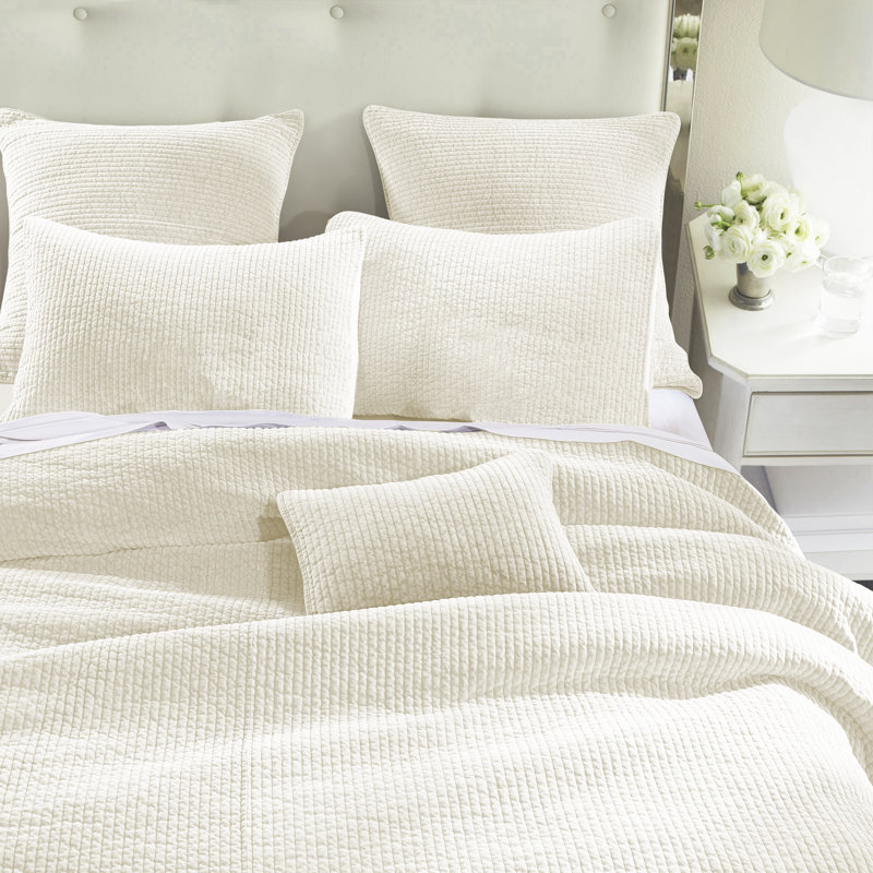 Stonewashed Cotton Velvet Modern Rustic Quilt Set, King Quilt  + 2 King Shams, Vintage White