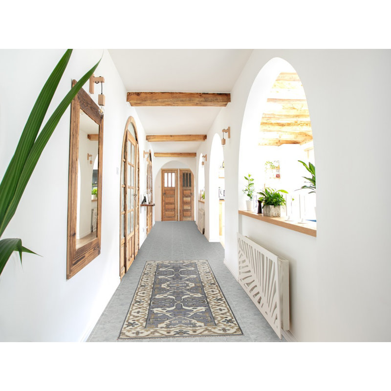 Tapis de couloir bleu indien fait à la main Oushak 3 x 8