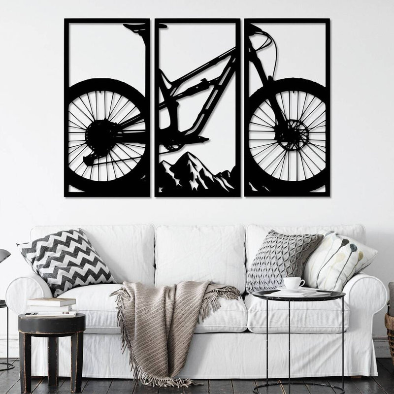 Mountain Bike 3 Piece Metal Wall Art - Cycling Sports Decor Set - Adventure Outdoor Wall Hanging - Mountain Biking Silhouette Design - Rustic Industrial Metal Sculpture - Modern Home Gym Garage Decor - Statement Art Pieces
