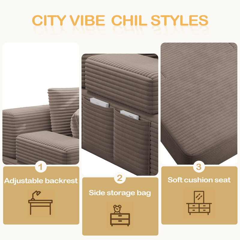 Chaise longue en velours côtelé luxueux avec 3 coussins, canapé-lit convertible avec poche de rangement, conception sans cadre