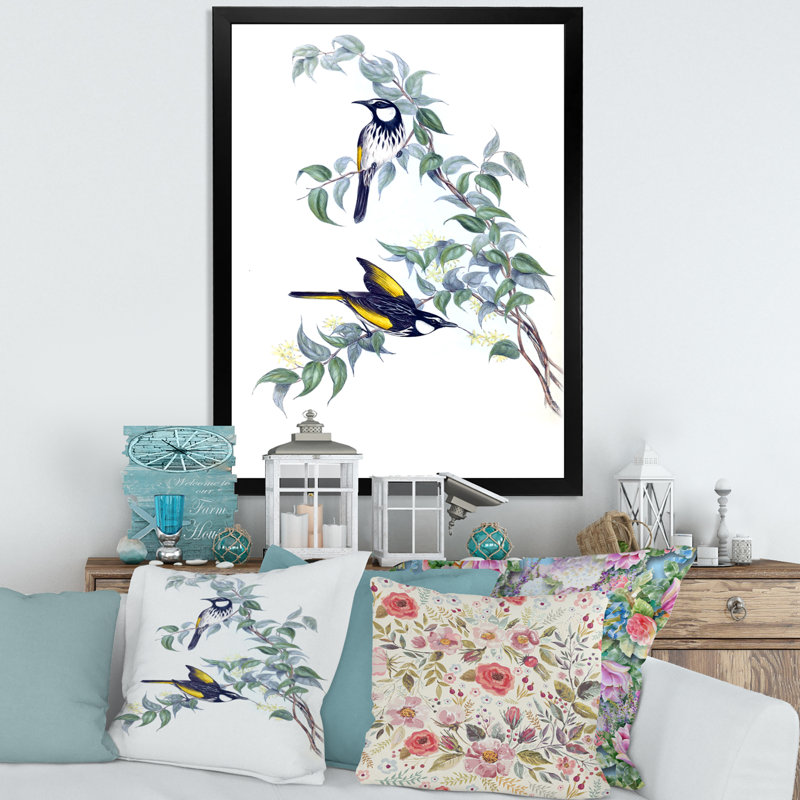 Oiseaux australiens rétro sur une branche - peinture sur toile, H 32 po x l 24 po x P 1 po, Cadre photo noir