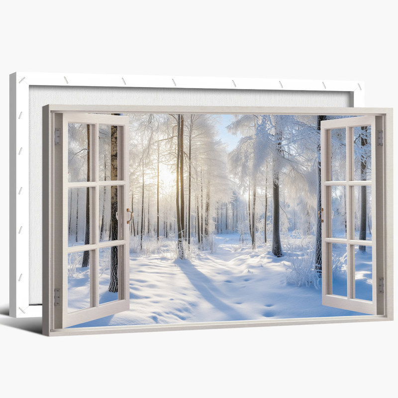 Grande fenêtre hivernale, art mural sur toile, fenêtre enneigée, paysage panoramique, impressions sur toile encadrées, scène d'hiver, affiche pour le bureau de la chambre à coucher, 28 po x 40 po