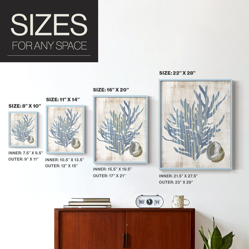 Reproduction encadrée de varech II - bois massif, Bleu, H 30 po x l 24 po