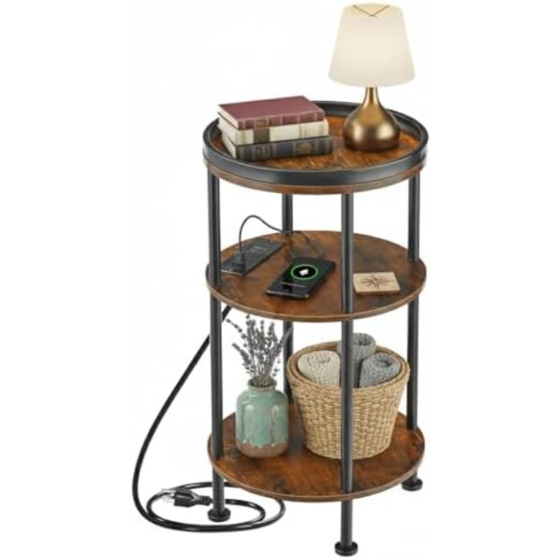 Petite table d'appoint ronde avec station de charge pour petits espaces, brun rustique | Table d'appoint ronde à 3 niveaux avec ports USB et prises de courant, table de bout pour canapé, table de bout pour la table de chevet du salon