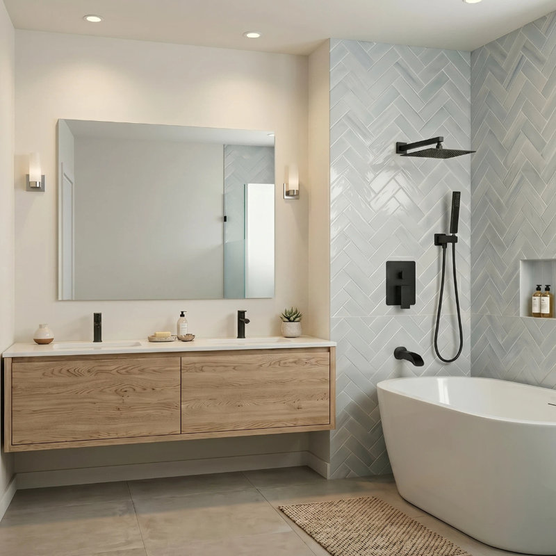Kubik 12 in. Square Shower System with Tub Spout (Valve Included), Matte Black
